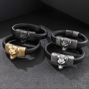 Men's braided leather wolf head bracelets with magnetic clasps in four metallic finishes