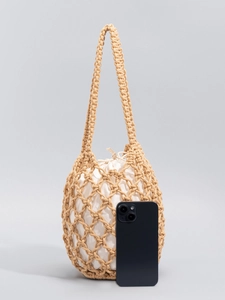 Hand Woven Cotton Thread Shoulder Bag For Women Bohemian Hollow Out Beach Vacation Tote With Drawstring Inner Pouch
