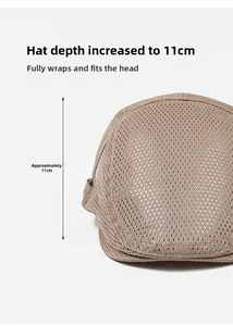 Detail of khaki mesh flat cap showing deep crown design with 11cm height measurement