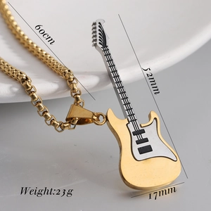 Detail showing 52mm guitar pendant dimensions and 60cm stainless steel chain specs