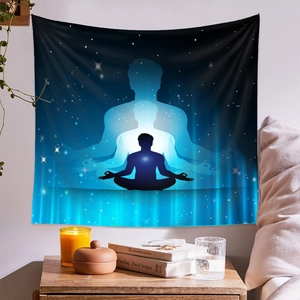 Detail of meditation tapestry with starry sky patterns in a minimalist room setting