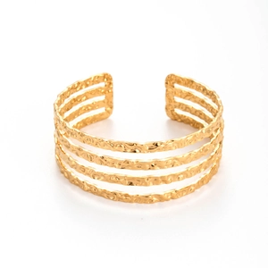 Adjustable golden hammered stainless steel open cuff bracelet with four-row linear design