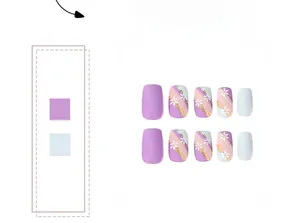 Detail of blue-purple french tips with white floral motifs and gold glitter on press-on nails