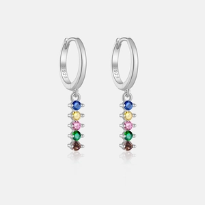 Detail of S925 silver hoop earrings featuring five vibrant multi-colored gemstones