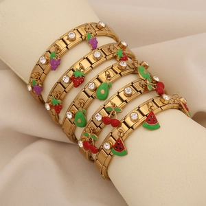 Stainless Steel Elastic Bracelet With Fruit Enamel Charms And Rhinestones Italian Charm Modular Style For Women