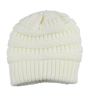 Detail shot of the white knitted beanie showing horizontal ribbed texture and soft fabric