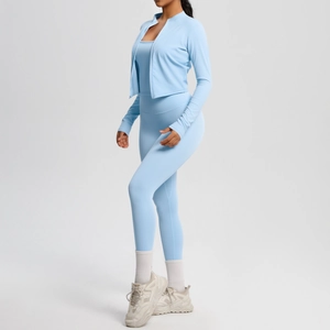 Light blue 3-piece fitness set with zip jacket, camisole top and high-waisted yoga pants