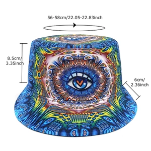 Psychadelic eye print bucket hat with multi-color pattern and detailed dimensions
