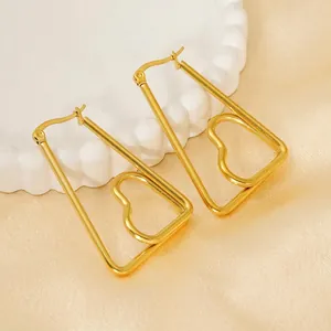 Boucles D'oreilles Créoles Cœur Géométrique Plaqué Or 18K Acier Inoxydable Cadre Trapèze Bijoux Élégants Pour Femmes