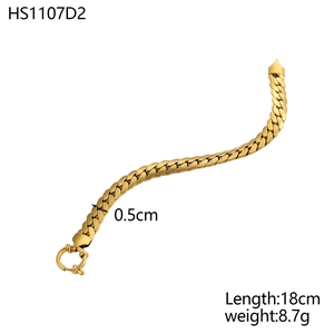 Detailed view of golden flat snake chain bracelet with spring ring clasp 18cm length