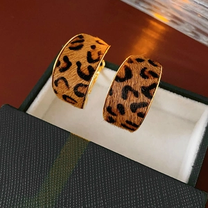 Macro shot of gold-plated leopard print hoop earrings in a premium jewelry box