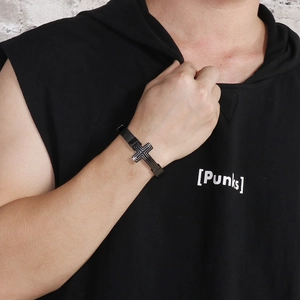 Men's black mesh stainless steel bracelet with cross charm, punk style on wrist