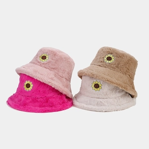 Thick warm plush sunflower bucket hats for women in pink rose brown and beige colors