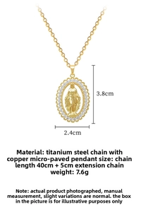 Detailed view of an oval Madonna relief pendant with white zircon inlays on a gold chain