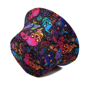Double-sided bucket hat with neon psychedelic skull and mushroom patterns on black canvas