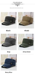 Detailed grid of vintage washed canvas flat top cadet caps in five classic colors