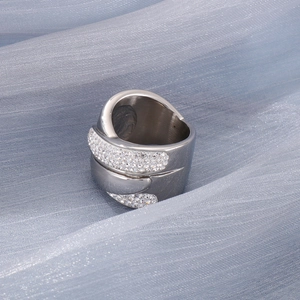 Exaggerated silver stainless steel wide band ring with multi-row pavé cubic zirconia