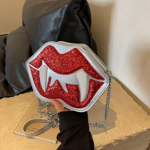 Vampire Lip Shaped Crossbody Bag Red Sequin PU Leather Funny Gothic Party Shoulder Bag With Fangs And Metal Chain