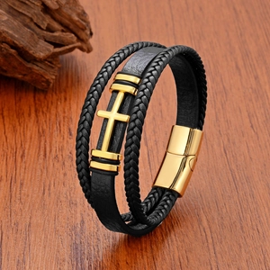 Men's multi-layer braided leather bracelet with gold cross and magnetic clasp