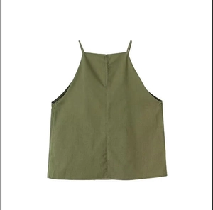 Detail of army green halter top fabric showing breathable linen texture and thin straps