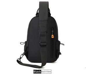 Detailed back view of a black nylon chest bag with orange zippers and bungee cords