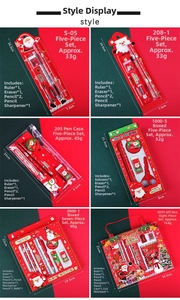 Detailed overview of various Christmas stationery sets with pencils, rulers and erasers