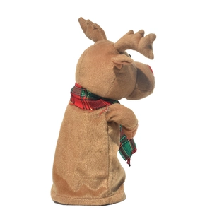 Detailed back view of plush brown Christmas reindeer with red and green plaid scarf