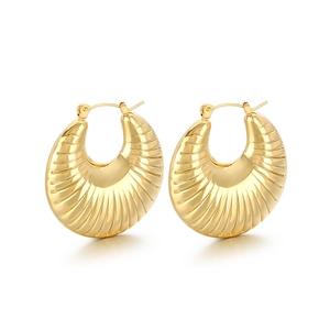 18K gold plated U-shaped ribbed hollow hoop earrings in polished stainless steel