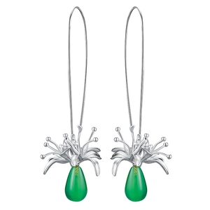 Detail of silver lycoris flower earrings with green chalcedony water drop pendants