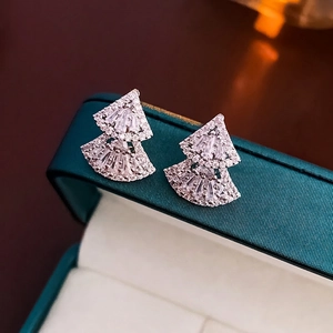 Double Layer Fan Shaped Copper Stud Earrings With Pave Zircon And Silver Earring Post Elegant Hollow Luxury Jewelry For Women