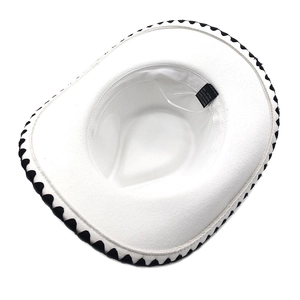 Detail of white fedora hat interior showing the 65% cotton blend label and sweatband