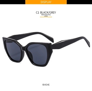 Side view of retro cat-eye sunglasses in black frame with grey lenses and geometric temples