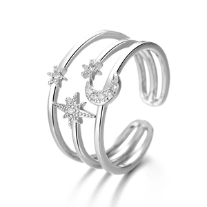 Adjustable layered silver star and moon ring with sparkling cubic zirconia stones