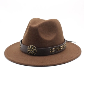 Dark brown wide brim felt fedora hat with vintage metal flower and gold stud leather band