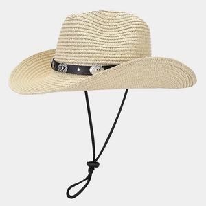 Detail of straw cowboy hat with black leather band and adjustable windproof lanyard