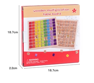 Close-up of wooden multiplication table blocks and packaging showing 18.7cm dimensions