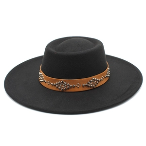Classic black wide-brim felt bolero hat with a studded leather band for men and women