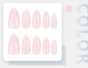 Close-up of 10-piece almond-shaped press-on nails in translucent jelly pink finish