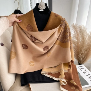 Leaf pattern pashmina shawl in camel and brown tones with elegant tassel fringe