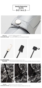 Detail of grey silicone strap and matte handle on an 8-rib reinforced umbrella frame