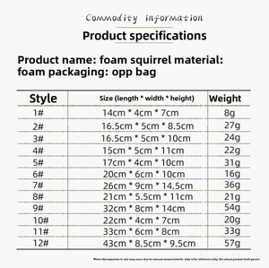 Detailed size chart for foam squirrel Christmas ornaments with dimensions and weights