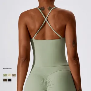 Cross-back yoga vest and leggings set in avocado green with high-stretch fabric