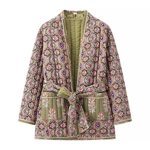 Quilted olive jacket with floral paisley print, belted waist and large front pockets