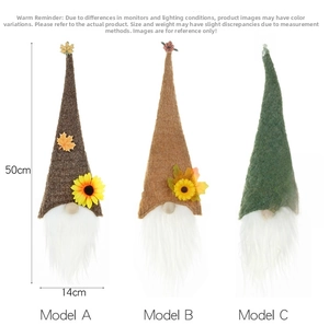 Three autumn harvest gnome wine bottle covers with sunflower and maple leaf details