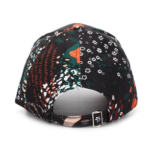 Detail view of ethnic floral baseball cap back with adjustable silver metal buckle strap