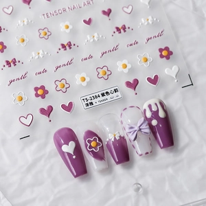 Embossed Nail Art Stickers Purple Heart Daisy Flower Bow Stereoscopic Adhesive Decals DIY Manicure Decoration Cute Style