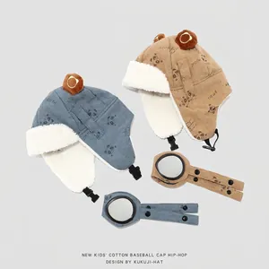 Kinder-Pilotenmütze im Winter mit Kunstfellfutter, Schutzbrille, in Blau und Khaki