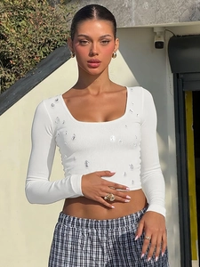 T-Shirt Da Donna A Maniche Lunghe In Maglia A Costine Decorazione In Cristallo Strass Scollo A U Crop Top