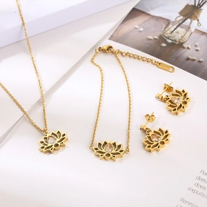 Golden lotus flower jewelry set with sparkling zircon necklace bracelet and earrings