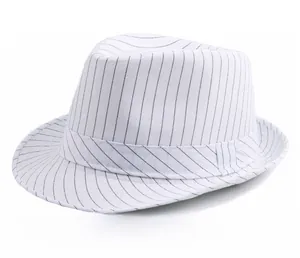 Detail view of white British style fedora hat with black pinstripes and curved brim